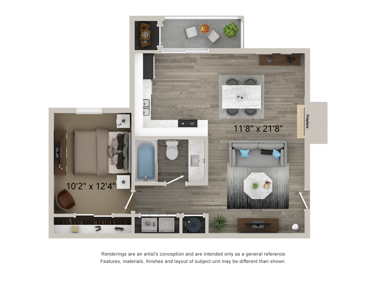 one bed one bath 628 square foot floor plan