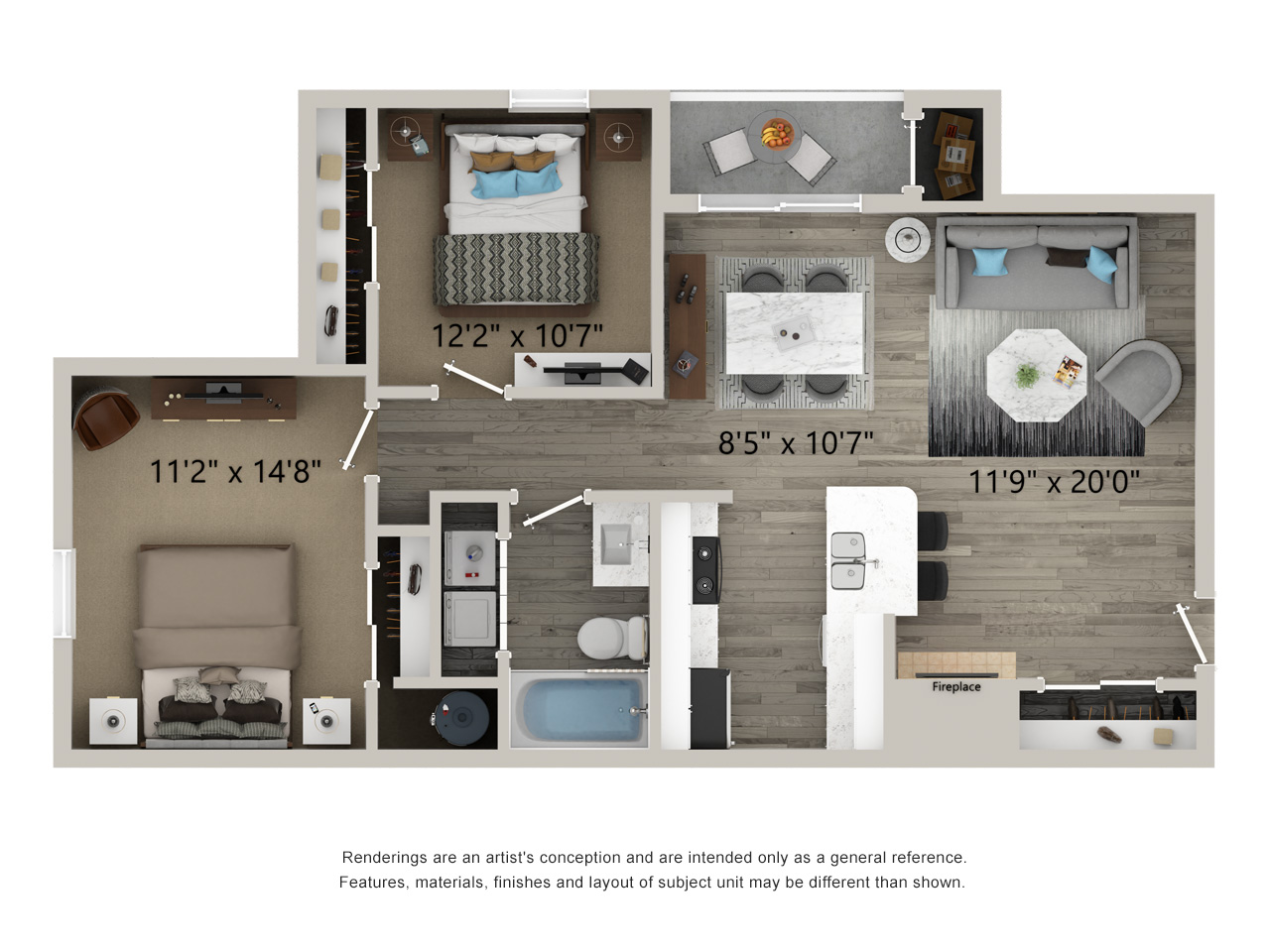 two bed one bath 868 square foot floor plan
